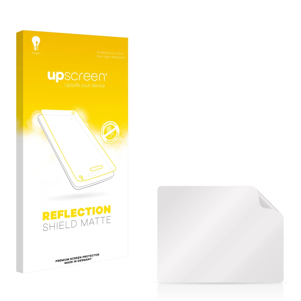Vorderseite einer Produktverpackung mit dem Markenlogo upscreen. Daneben ist der zugehörige Displayschutz.