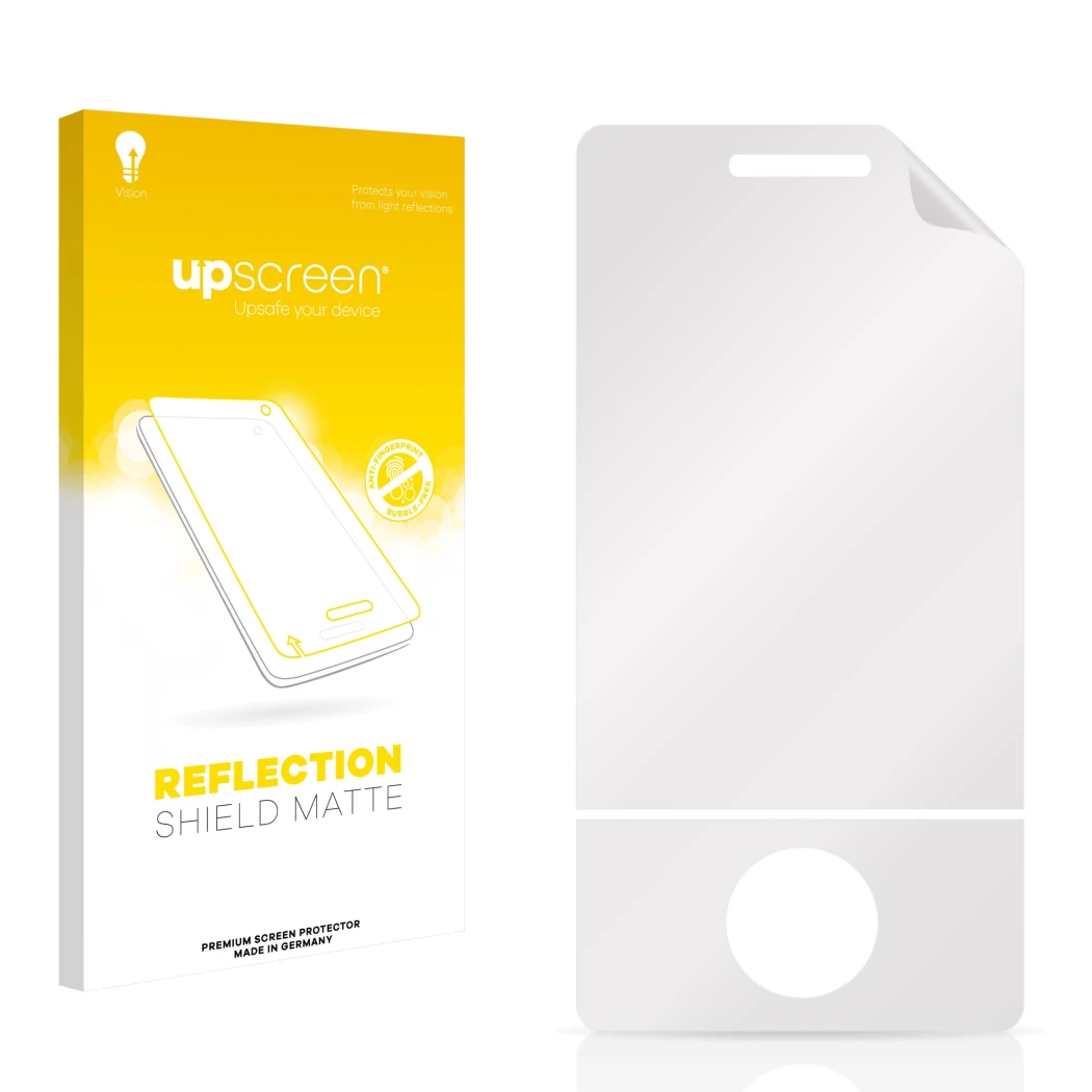 Vorderseite einer Produktverpackung mit dem Markenlogo upscreen. Daneben ist der zugehörige Displayschutz.