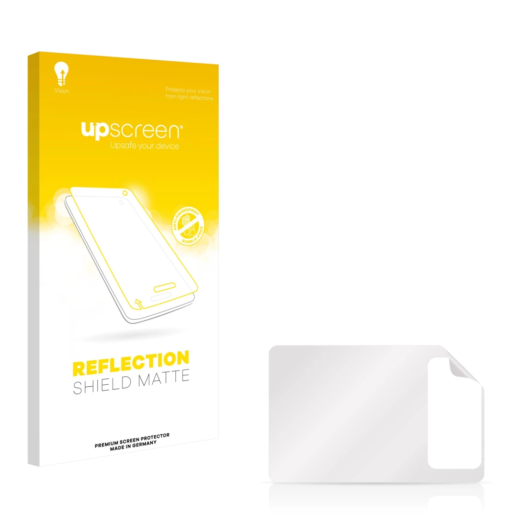 Vorderseite einer Produktverpackung mit dem Markenlogo upscreen. Daneben ist der zugehörige Displayschutz.