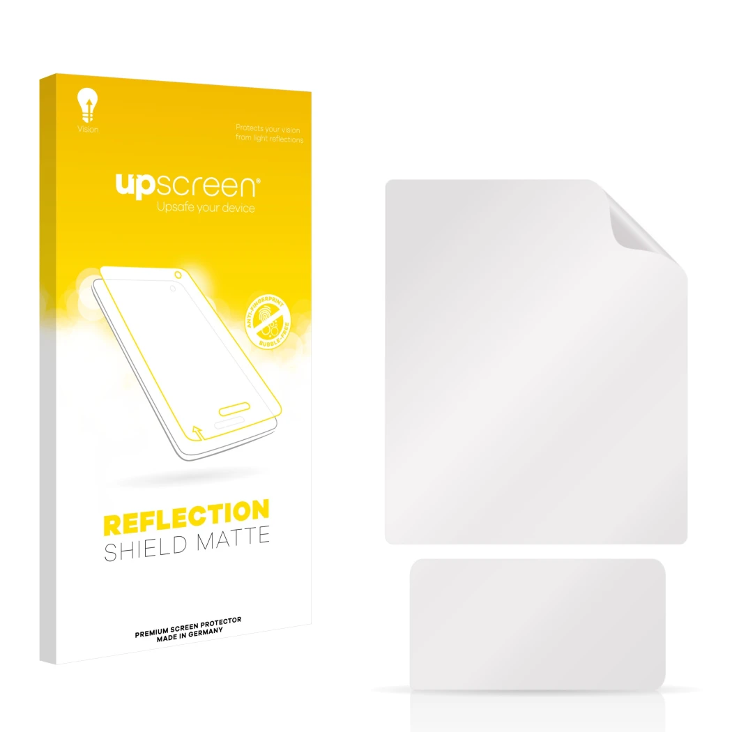 Vorderseite einer Produktverpackung mit dem Markenlogo upscreen. Daneben ist der zugehörige Displayschutz.