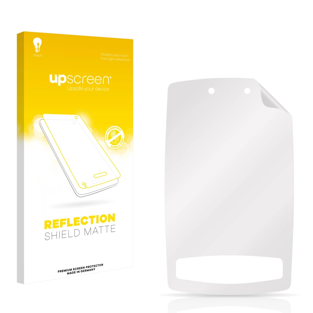 Vorderseite einer Produktverpackung mit dem Markenlogo upscreen. Daneben ist der zugehörige Displayschutz.