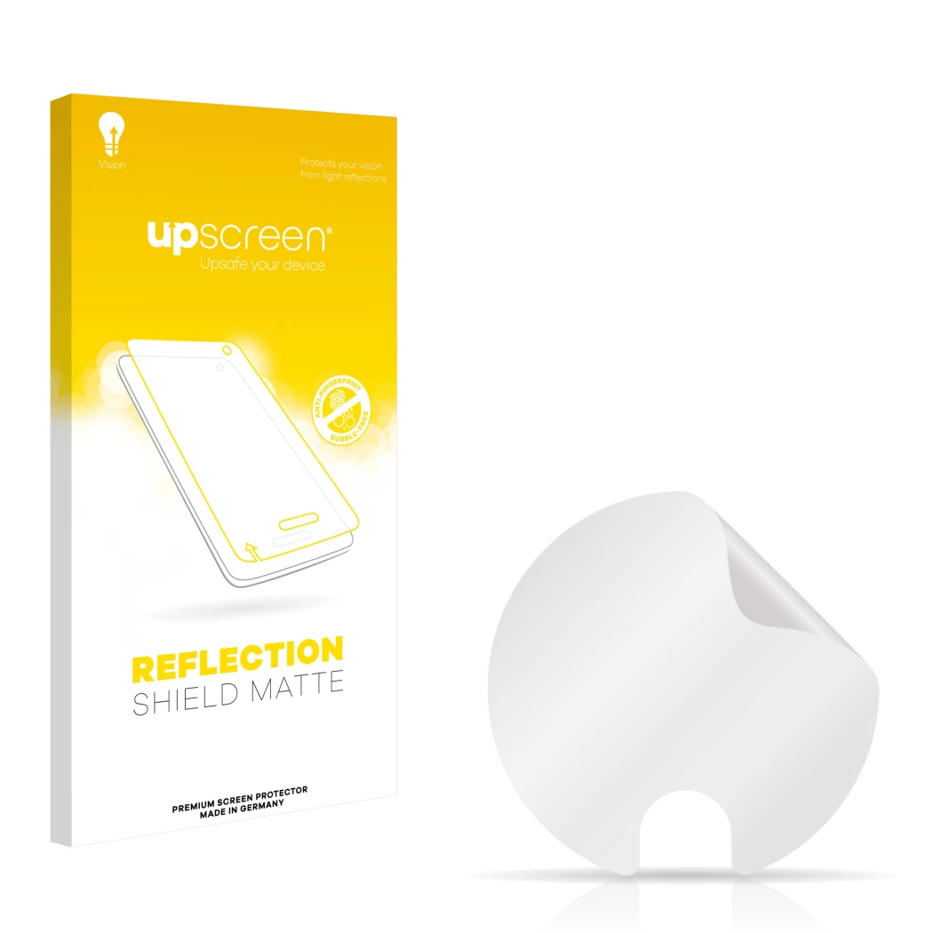 Vorderseite einer Produktverpackung mit dem Markenlogo upscreen. Daneben ist der zugehörige Displayschutz.