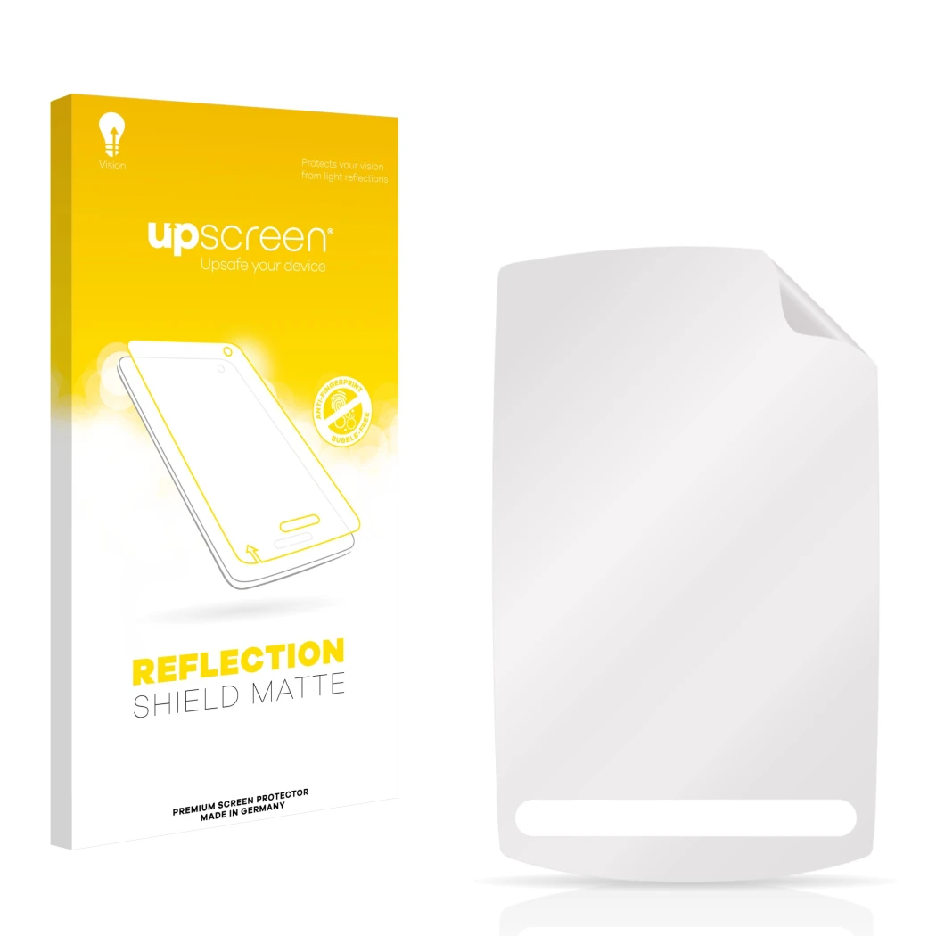 Vorderseite einer Produktverpackung mit dem Markenlogo upscreen. Daneben ist der zugehörige Displayschutz.