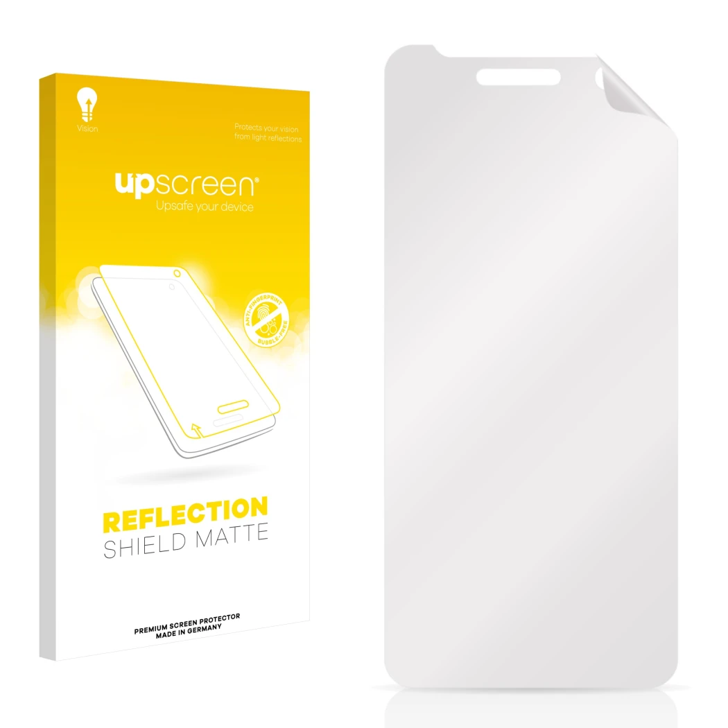 Vorderseite einer Produktverpackung mit dem Markenlogo upscreen. Daneben ist der zugehörige Displayschutz.