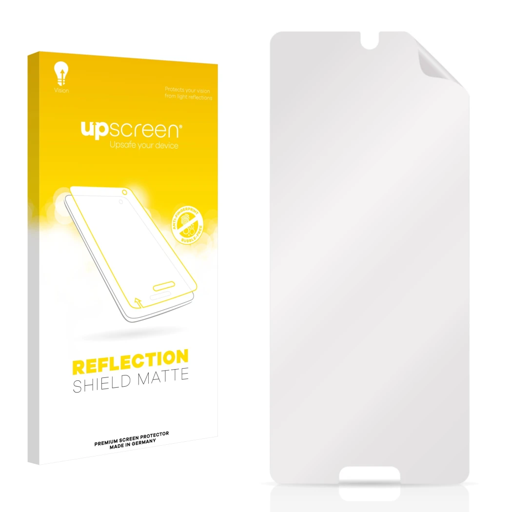 Vorderseite einer Produktverpackung mit dem Markenlogo upscreen. Daneben ist der zugehörige Displayschutz.