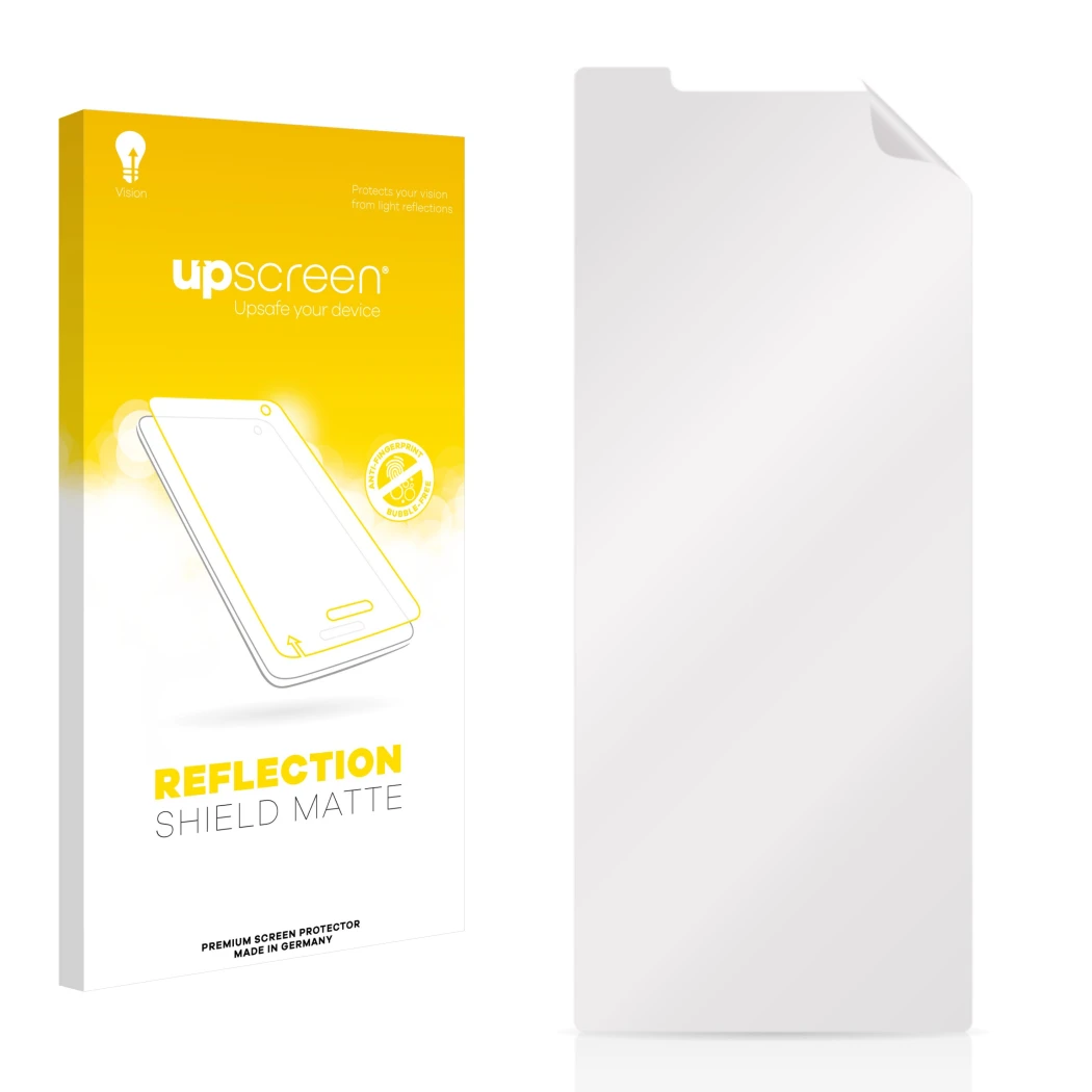 Vorderseite einer Produktverpackung mit dem Markenlogo upscreen. Daneben ist der zugehörige Displayschutz.