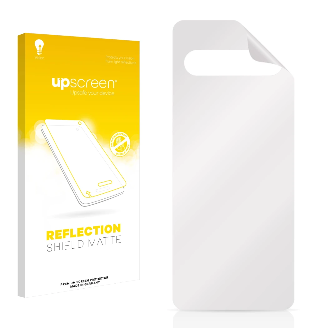 Vorderseite einer Produktverpackung mit dem Markenlogo upscreen. Daneben ist der zugehörige Displayschutz.