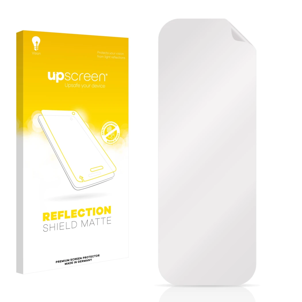 Vorderseite einer Produktverpackung mit dem Markenlogo upscreen. Daneben ist der zugehörige Displayschutz.