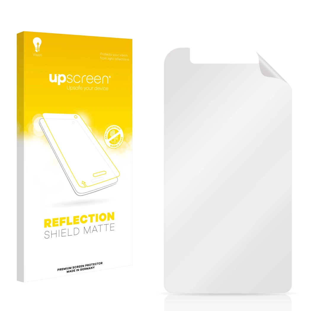 Vorderseite einer Produktverpackung mit dem Markenlogo upscreen. Daneben ist der zugehörige Displayschutz.