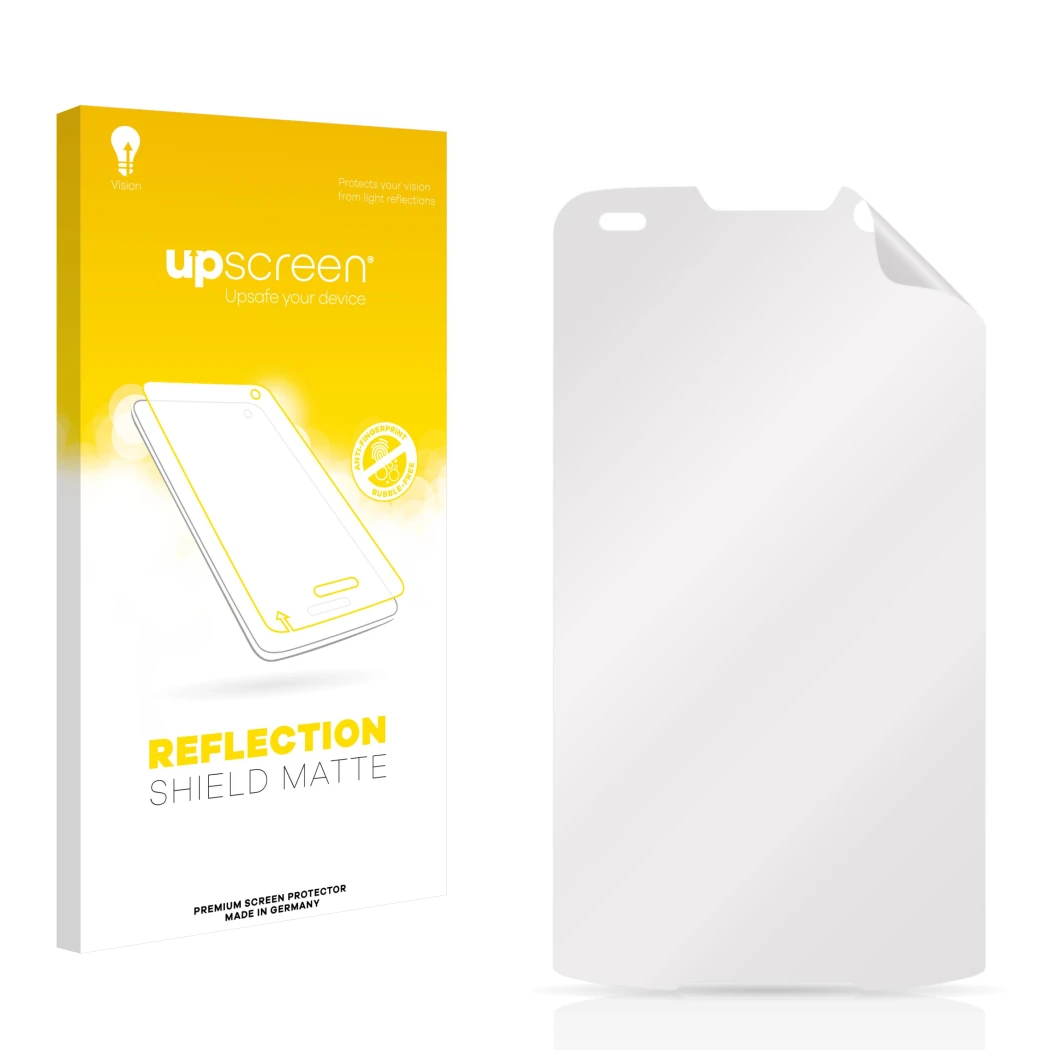 Vorderseite einer Produktverpackung mit dem Markenlogo upscreen. Daneben ist der zugehörige Displayschutz.