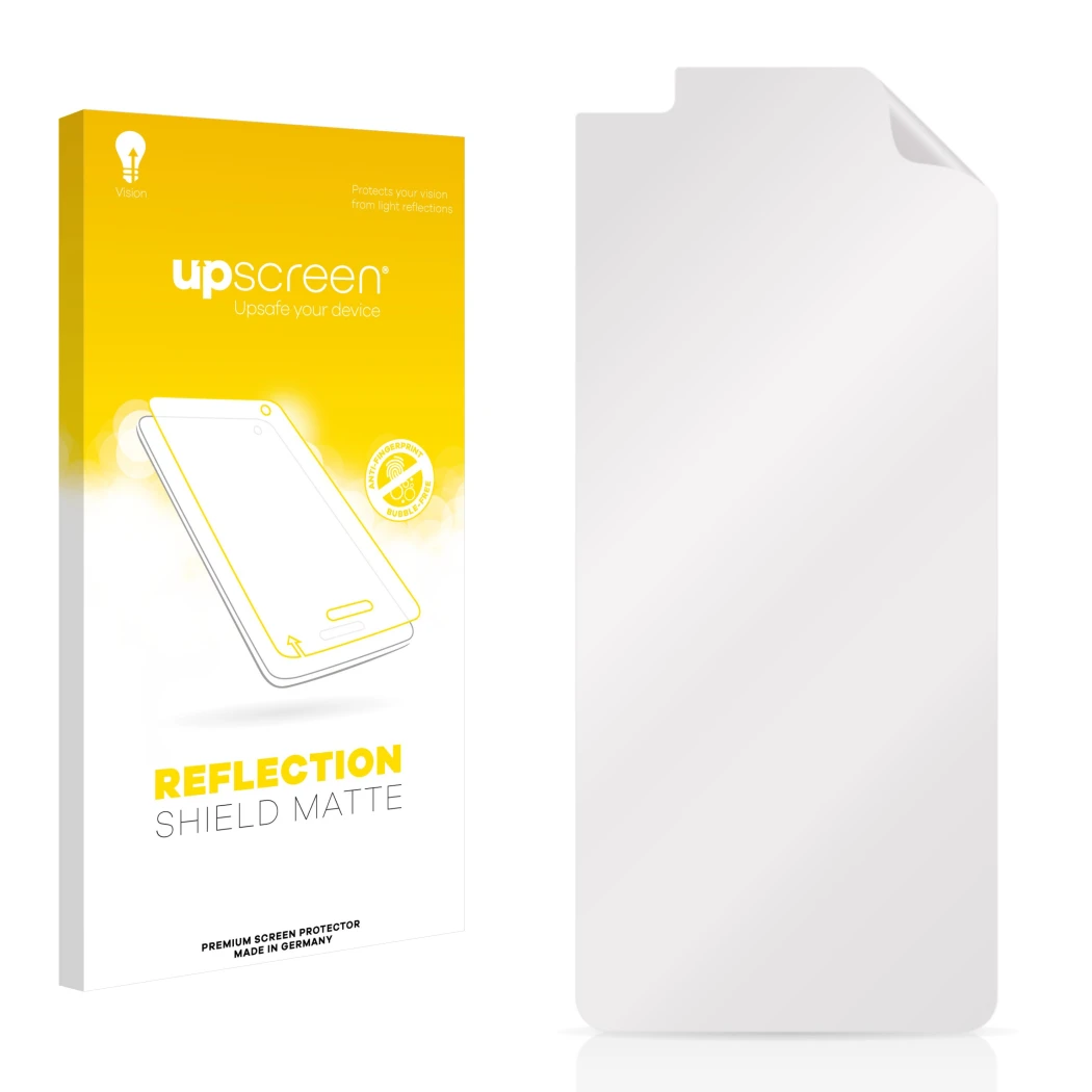 Vorderseite einer Produktverpackung mit dem Markenlogo upscreen. Daneben ist der zugehörige Displayschutz.