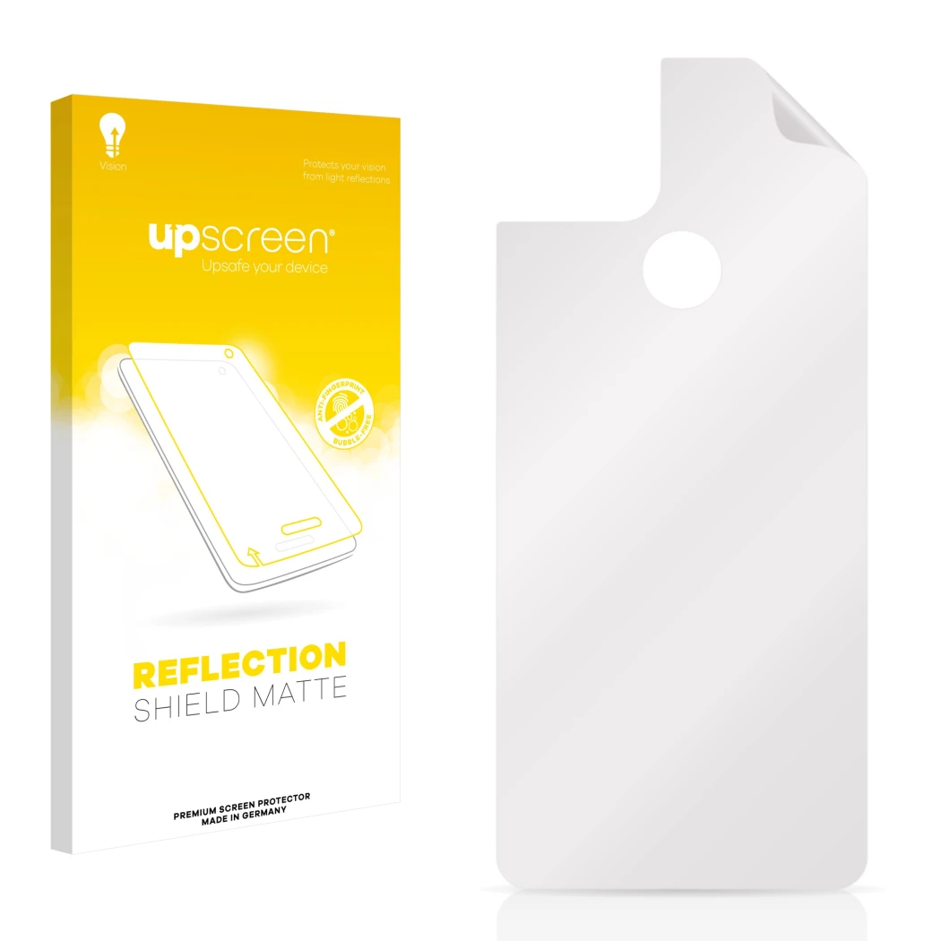 Vorderseite einer Produktverpackung mit dem Markenlogo upscreen. Daneben ist der zugehörige Displayschutz.