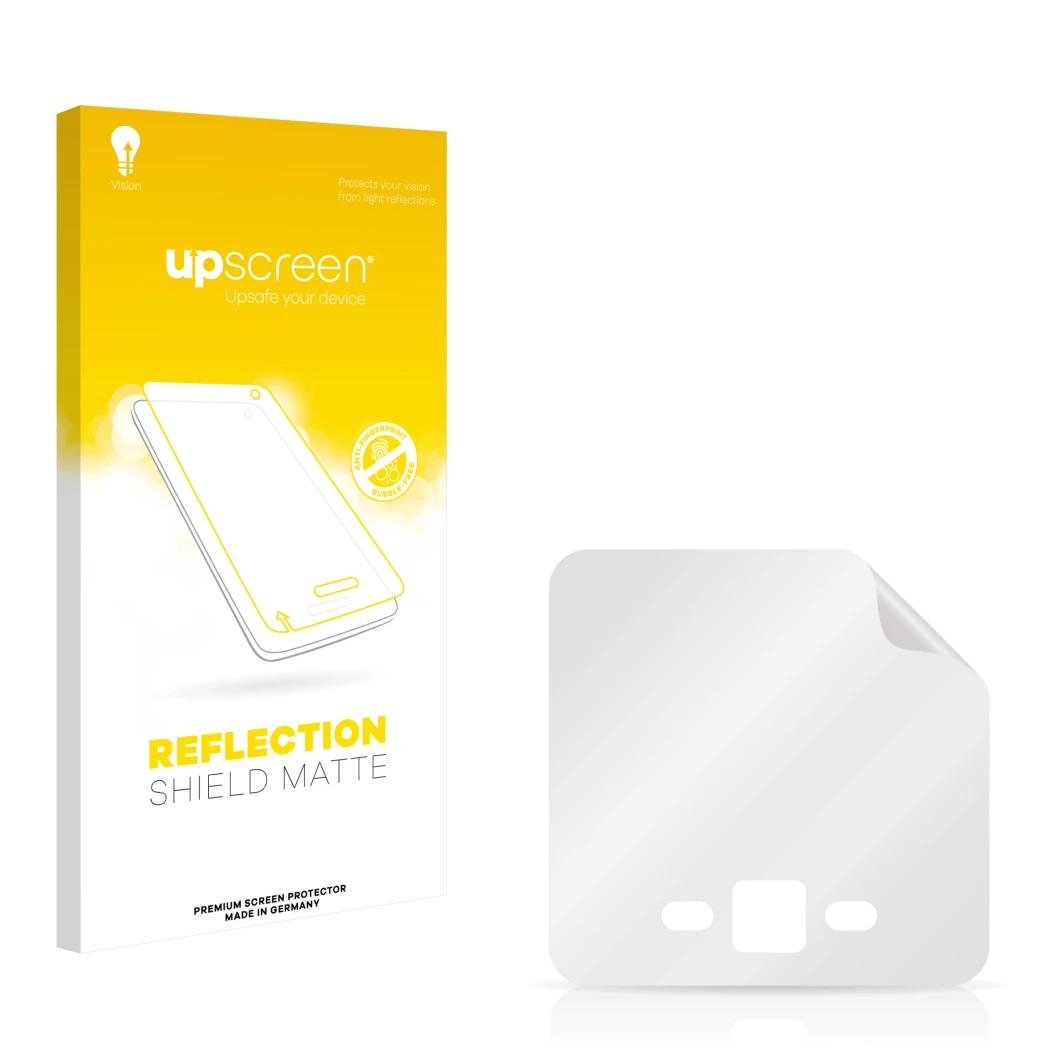 Vorderseite einer Produktverpackung mit dem Markenlogo upscreen. Daneben ist der zugehörige Displayschutz.