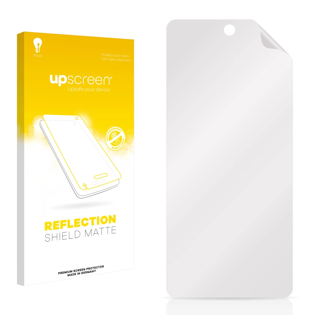 Vorderseite einer Produktverpackung mit dem Markenlogo upscreen. Daneben ist der zugehörige Displayschutz.
