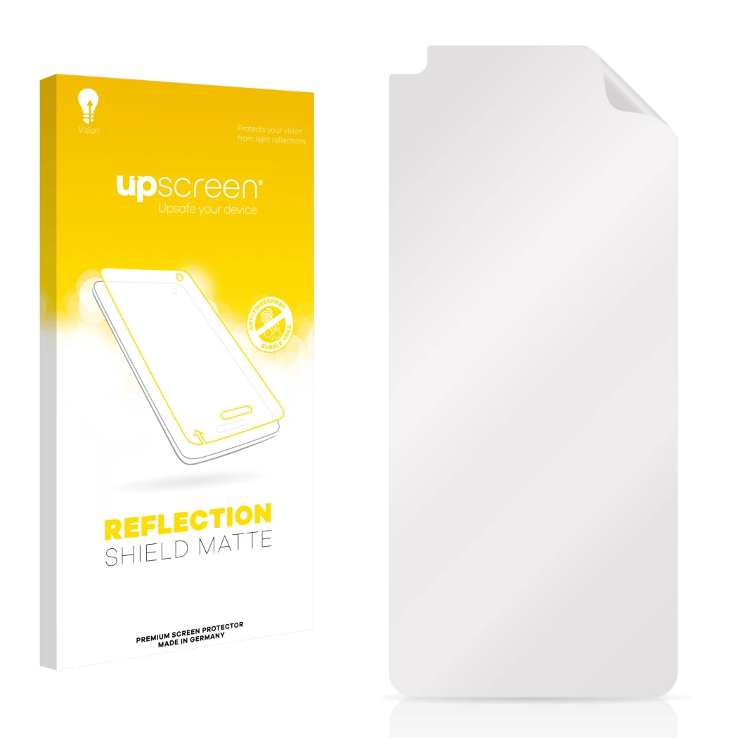 Vorderseite einer Produktverpackung mit dem Markenlogo upscreen. Daneben ist der zugehörige Displayschutz.