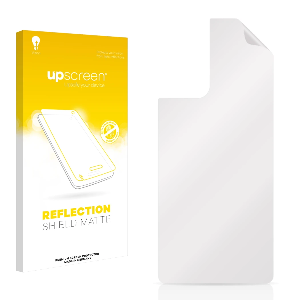 Vorderseite einer Produktverpackung mit dem Markenlogo upscreen. Daneben ist der zugehörige Displayschutz.