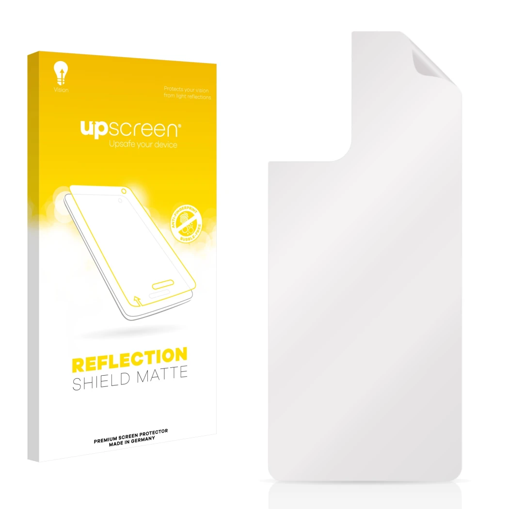 Vorderseite einer Produktverpackung mit dem Markenlogo upscreen. Daneben ist der zugehörige Displayschutz.