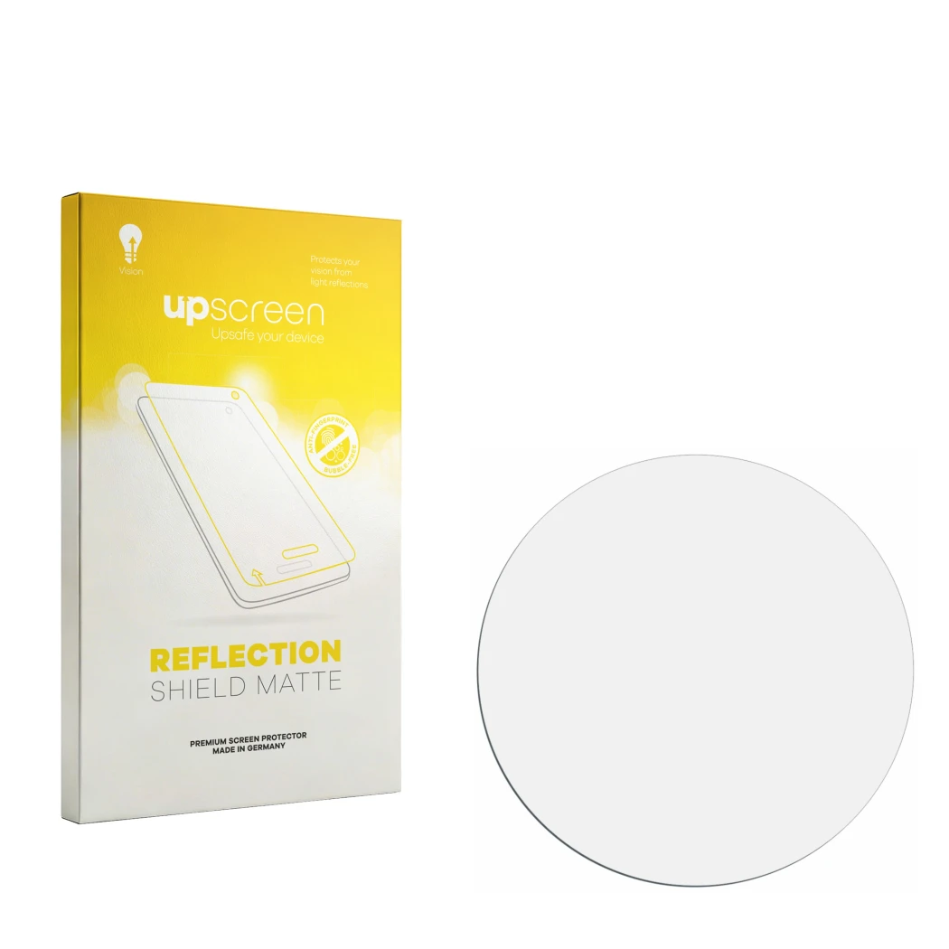 Vorderseite einer Produktverpackung mit dem Markenlogo upscreen. Daneben ist der zugehörige Displayschutz.