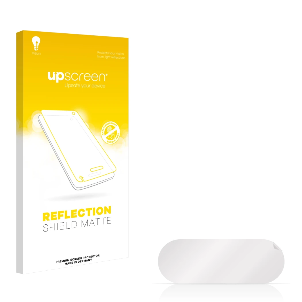 Vorderseite einer Produktverpackung mit dem Markenlogo upscreen. Daneben ist der zugehörige Displayschutz.