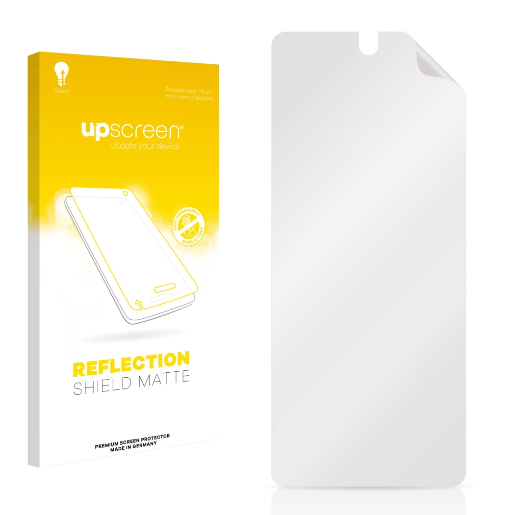 Vorderseite einer Produktverpackung mit dem Markenlogo upscreen. Daneben ist der zugehörige Displayschutz.