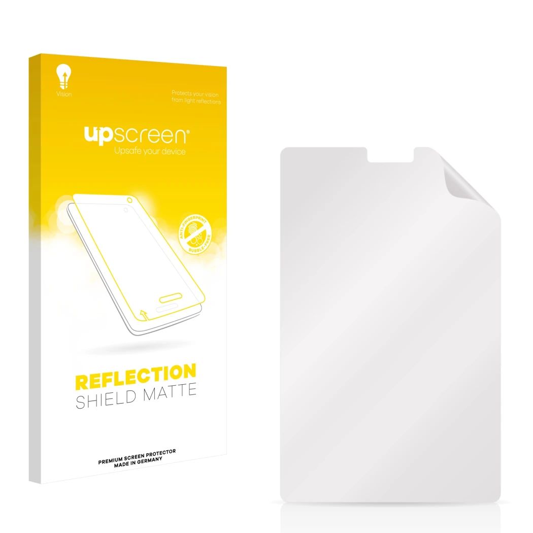 Vorderseite einer Produktverpackung mit dem Markenlogo upscreen. Daneben ist der zugehörige Displayschutz.