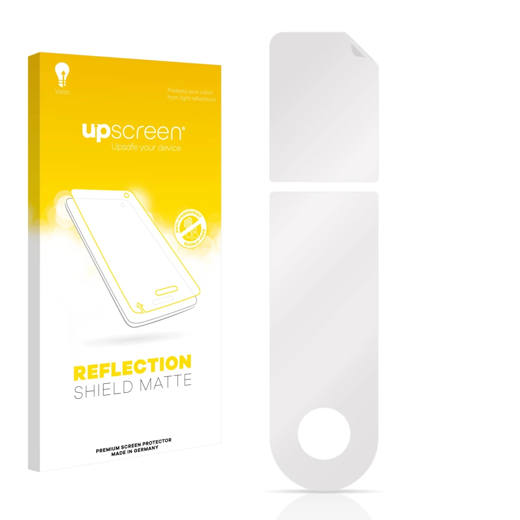 Vorderseite einer Produktverpackung mit dem Markenlogo upscreen. Daneben ist der zugehörige Displayschutz.