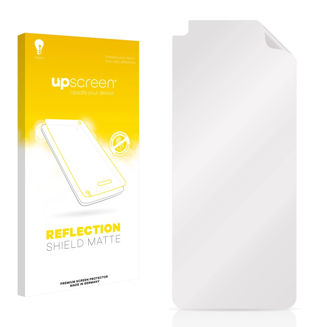 Vorderseite einer Produktverpackung mit dem Markenlogo upscreen. Daneben ist der zugehörige Displayschutz.
