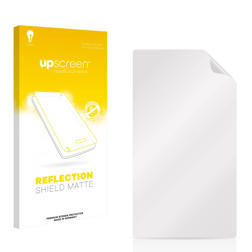 Vorderseite einer Produktverpackung mit dem Markenlogo upscreen. Daneben ist der zugehörige Displayschutz.