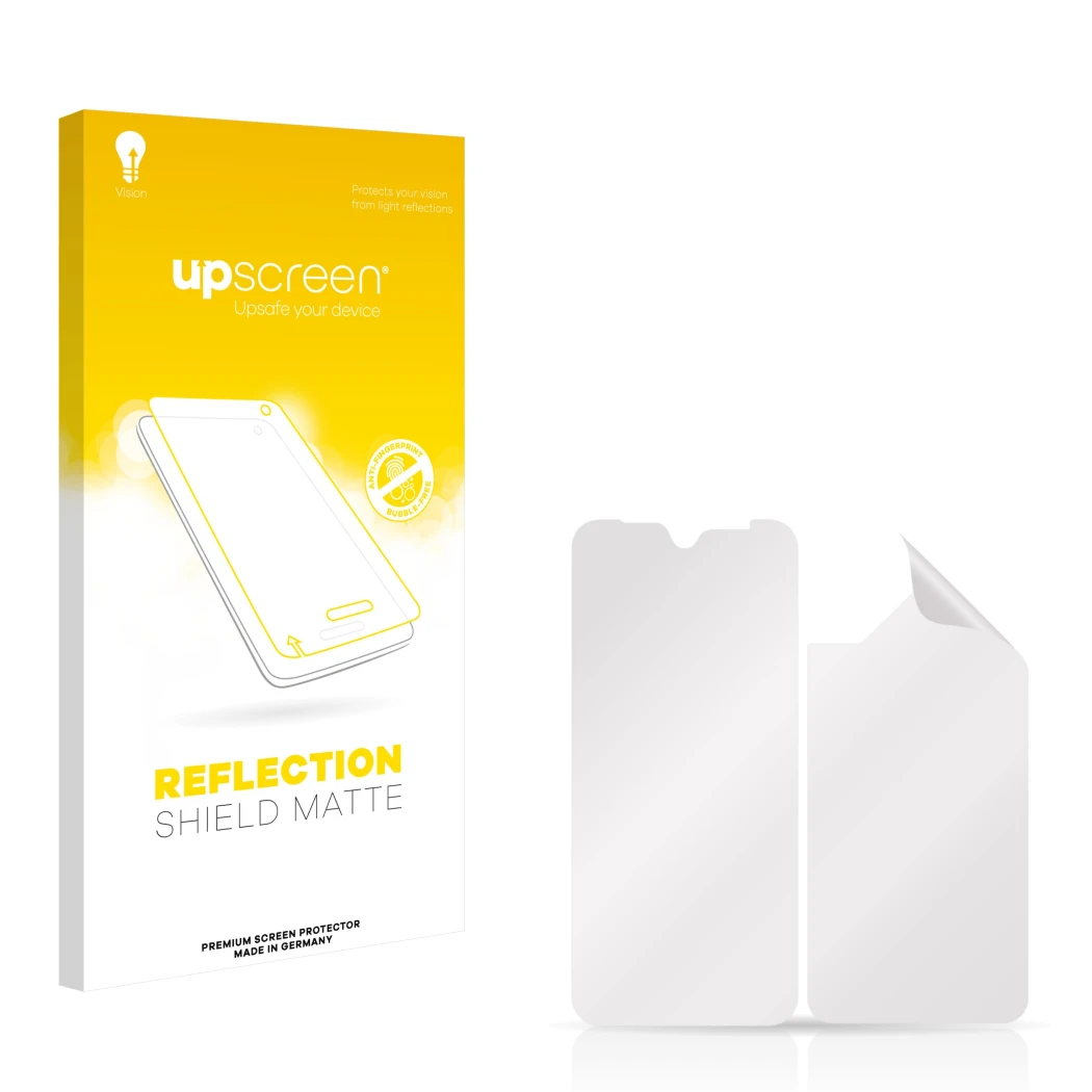 Vorderseite einer Produktverpackung mit dem Markenlogo upscreen. Daneben ist der zugehörige Displayschutz.