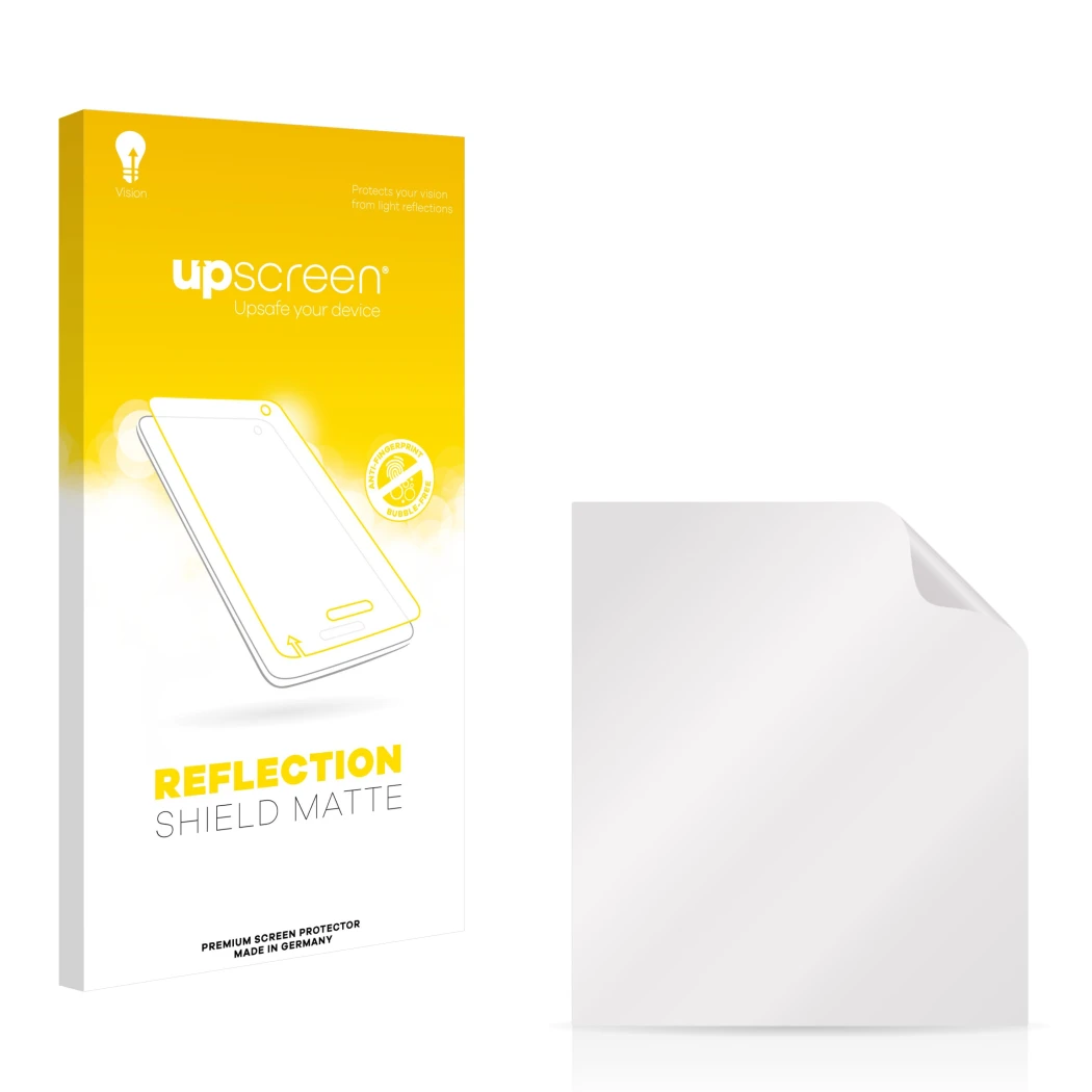 Vorderseite einer Produktverpackung mit dem Markenlogo upscreen. Daneben ist der zugehörige Displayschutz.