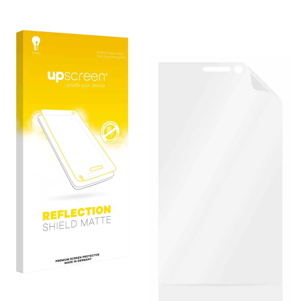 Vorderseite einer Produktverpackung mit dem Markenlogo upscreen. Daneben ist der zugehörige Displayschutz.