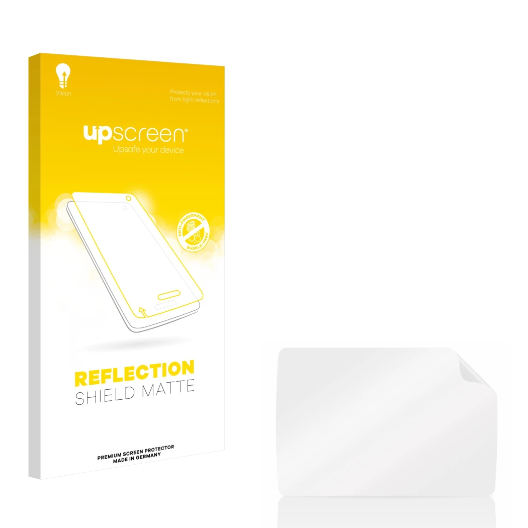 Vorderseite einer Produktverpackung mit dem Markenlogo upscreen. Daneben ist der zugehörige Displayschutz.
