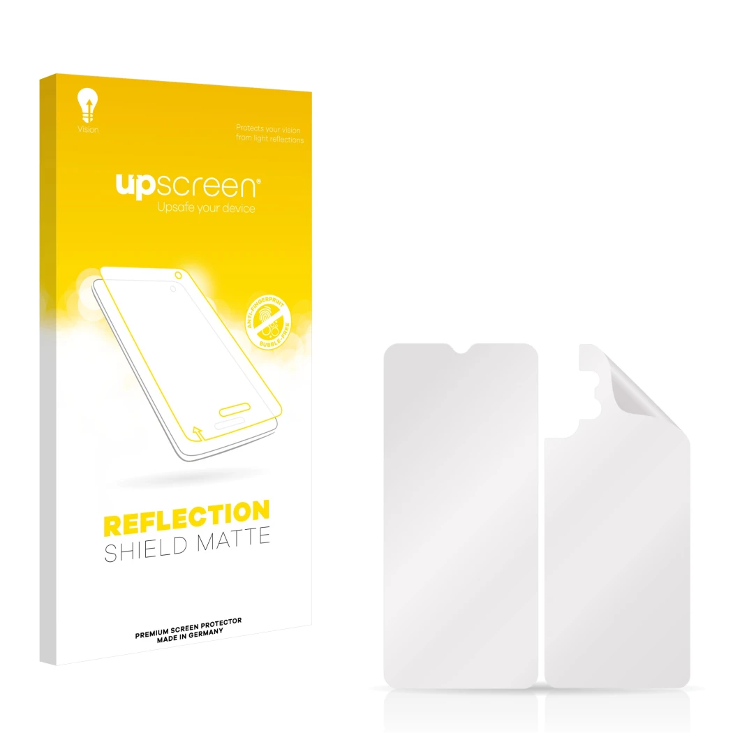 Vorderseite einer Produktverpackung mit dem Markenlogo upscreen. Daneben ist der zugehörige Displayschutz.
