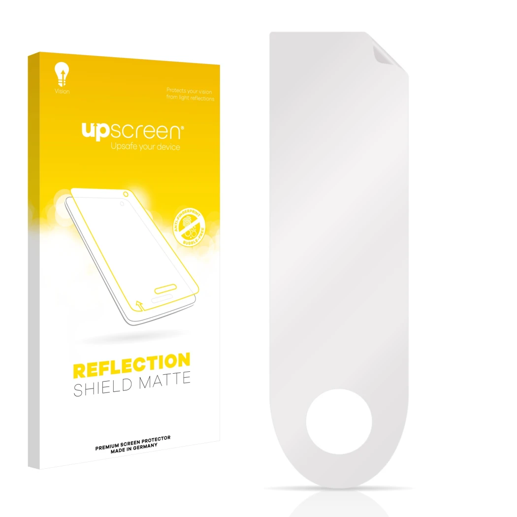 Vorderseite einer Produktverpackung mit dem Markenlogo upscreen. Daneben ist der zugehörige Displayschutz.