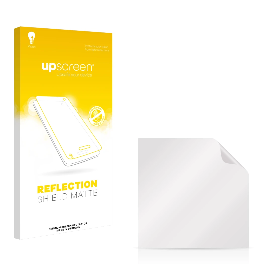 Vorderseite einer Produktverpackung mit dem Markenlogo upscreen. Daneben ist der zugehörige Displayschutz.