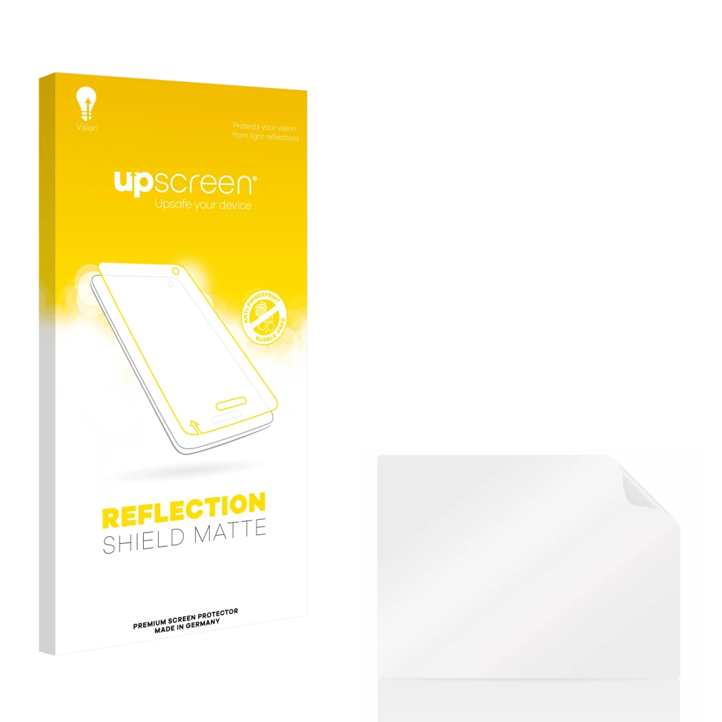 Vorderseite einer Produktverpackung mit dem Markenlogo upscreen. Daneben ist der zugehörige Displayschutz.