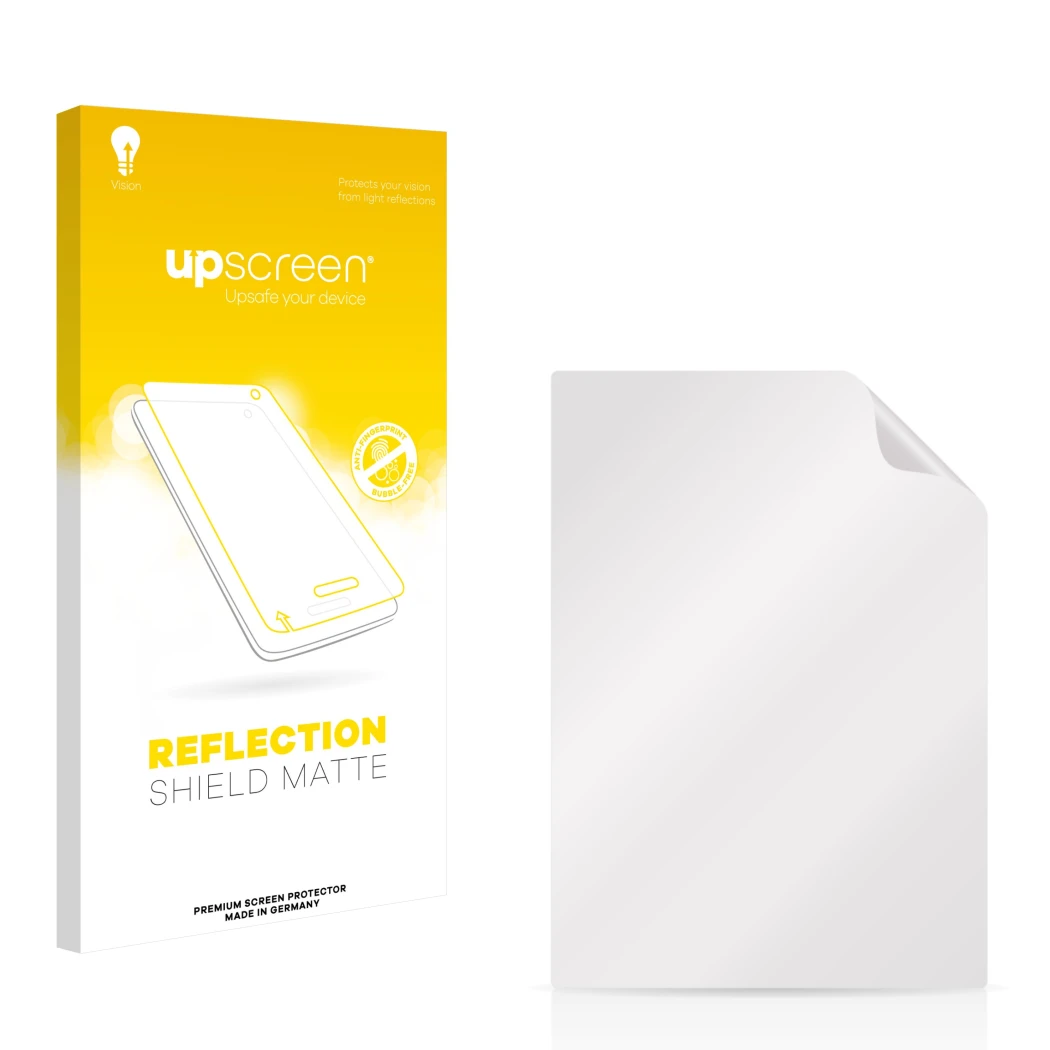 Vorderseite einer Produktverpackung mit dem Markenlogo upscreen. Daneben ist der zugehörige Displayschutz.