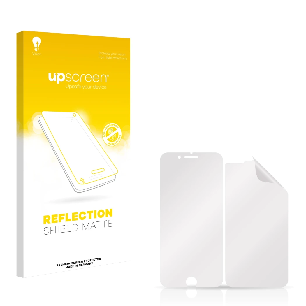 Vorderseite einer Produktverpackung mit dem Markenlogo upscreen. Daneben ist der zugehörige Displayschutz.
