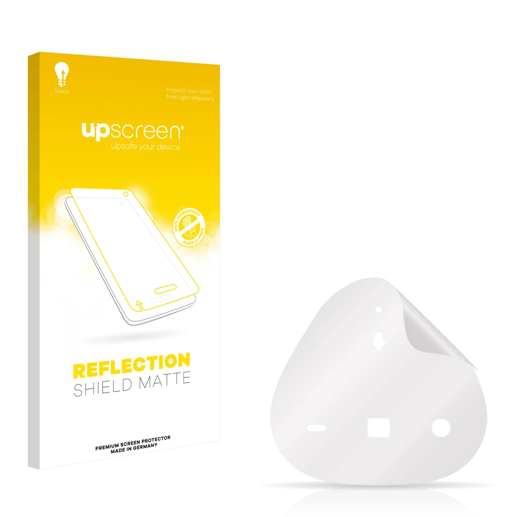 Vorderseite einer Produktverpackung mit dem Markenlogo upscreen. Daneben ist der zugehörige Displayschutz.