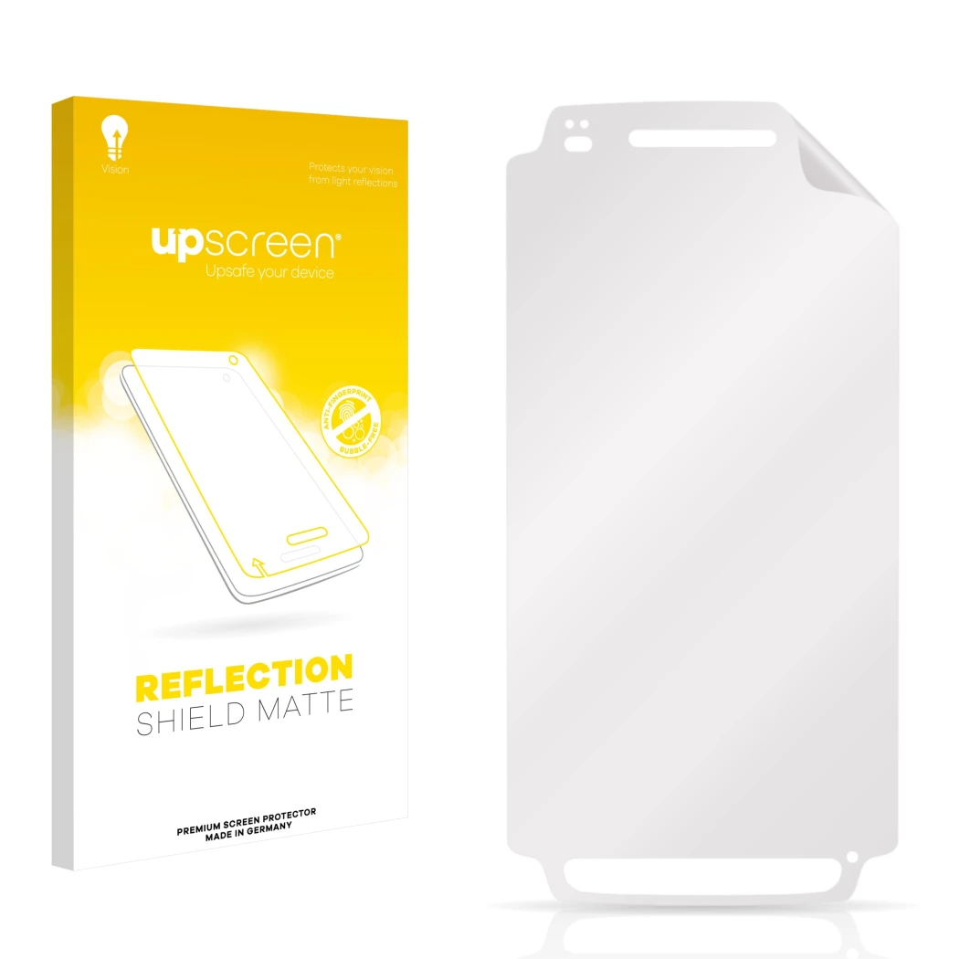 Vorderseite einer Produktverpackung mit dem Markenlogo upscreen. Daneben ist der zugehörige Displayschutz.