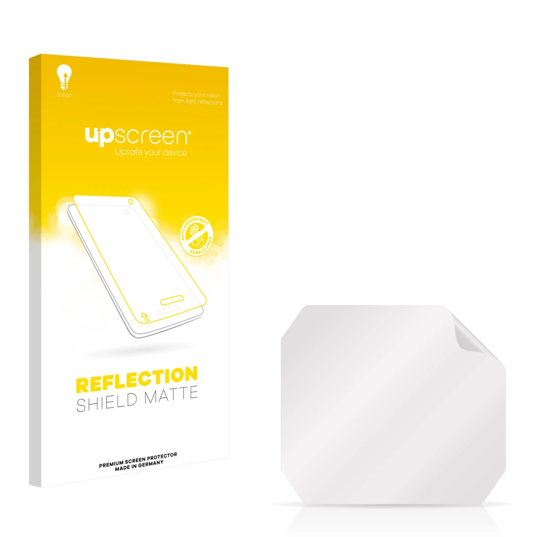 Vorderseite einer Produktverpackung mit dem Markenlogo upscreen. Daneben ist der zugehörige Displayschutz.