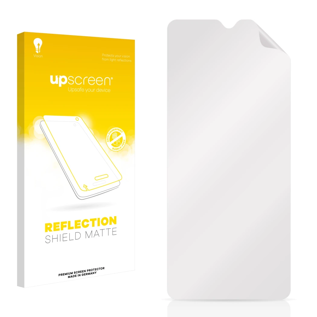 Vorderseite einer Produktverpackung mit dem Markenlogo upscreen. Daneben ist der zugehörige Displayschutz.