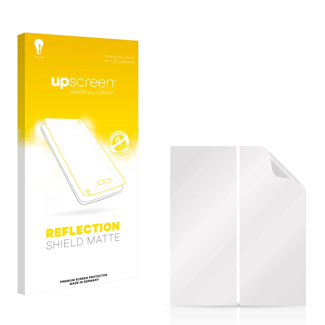 Vorderseite einer Produktverpackung mit dem Markenlogo upscreen. Daneben ist der zugehörige Displayschutz.