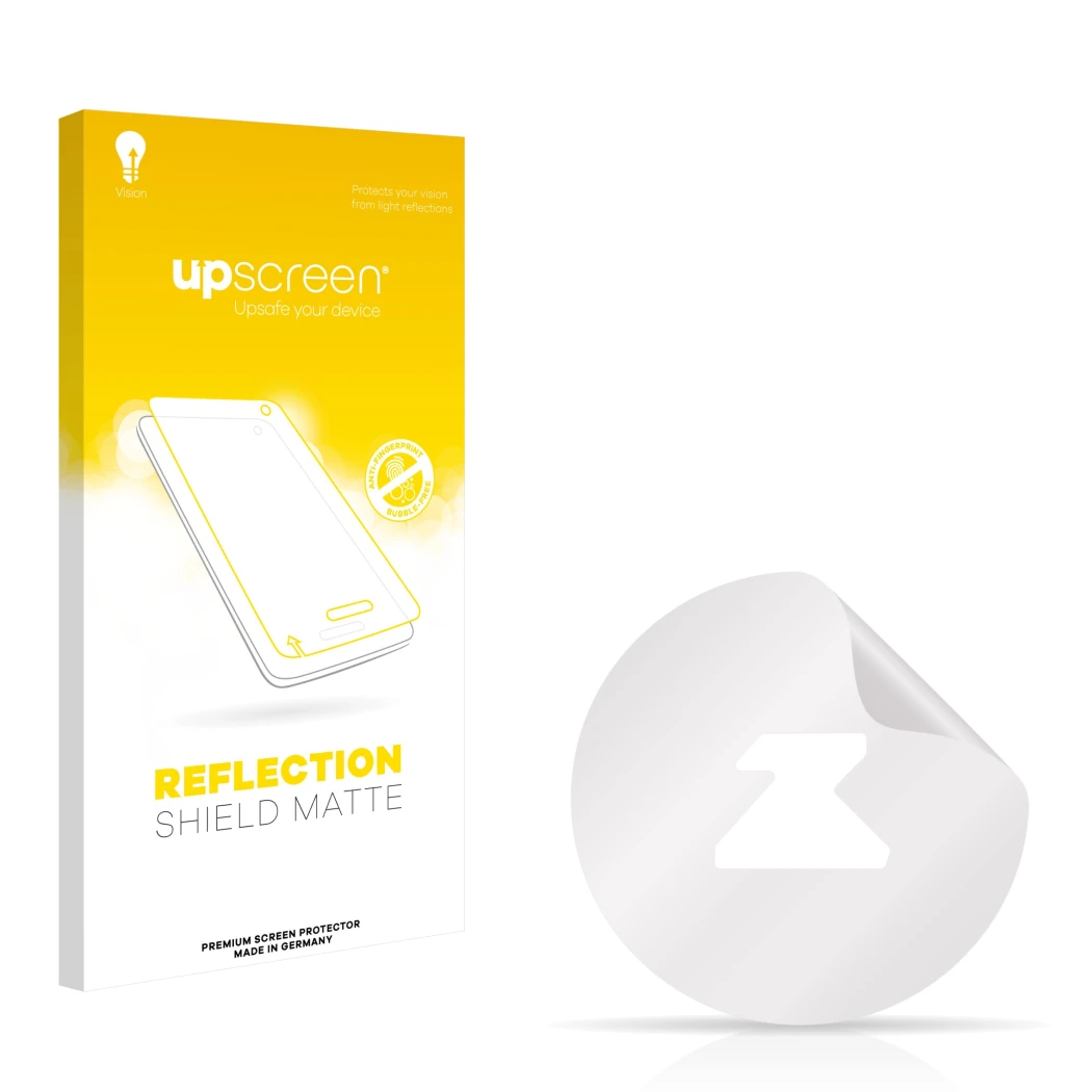 Vorderseite einer Produktverpackung mit dem Markenlogo upscreen. Daneben ist der zugehörige Displayschutz.