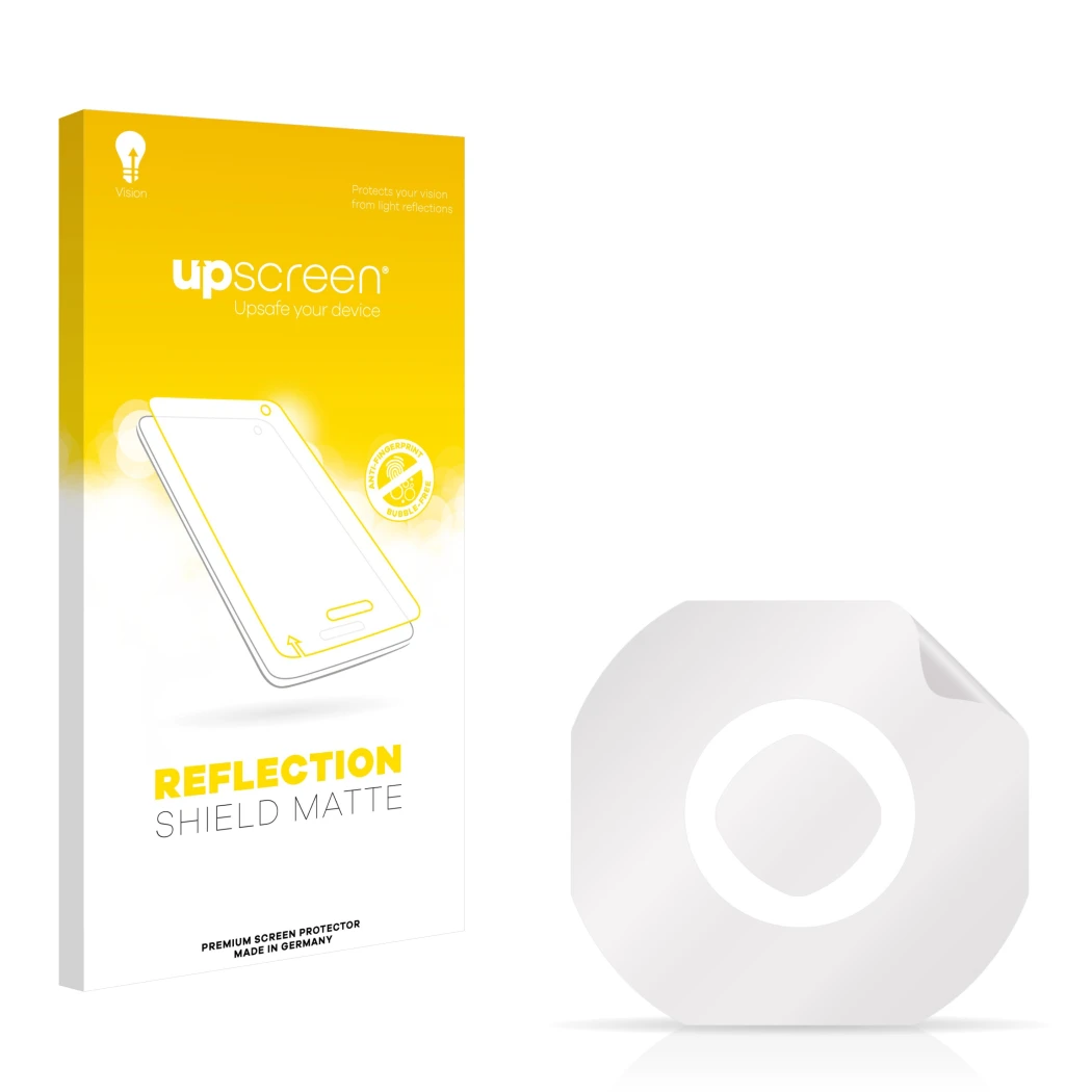 Vorderseite einer Produktverpackung mit dem Markenlogo upscreen. Daneben ist der zugehörige Displayschutz.
