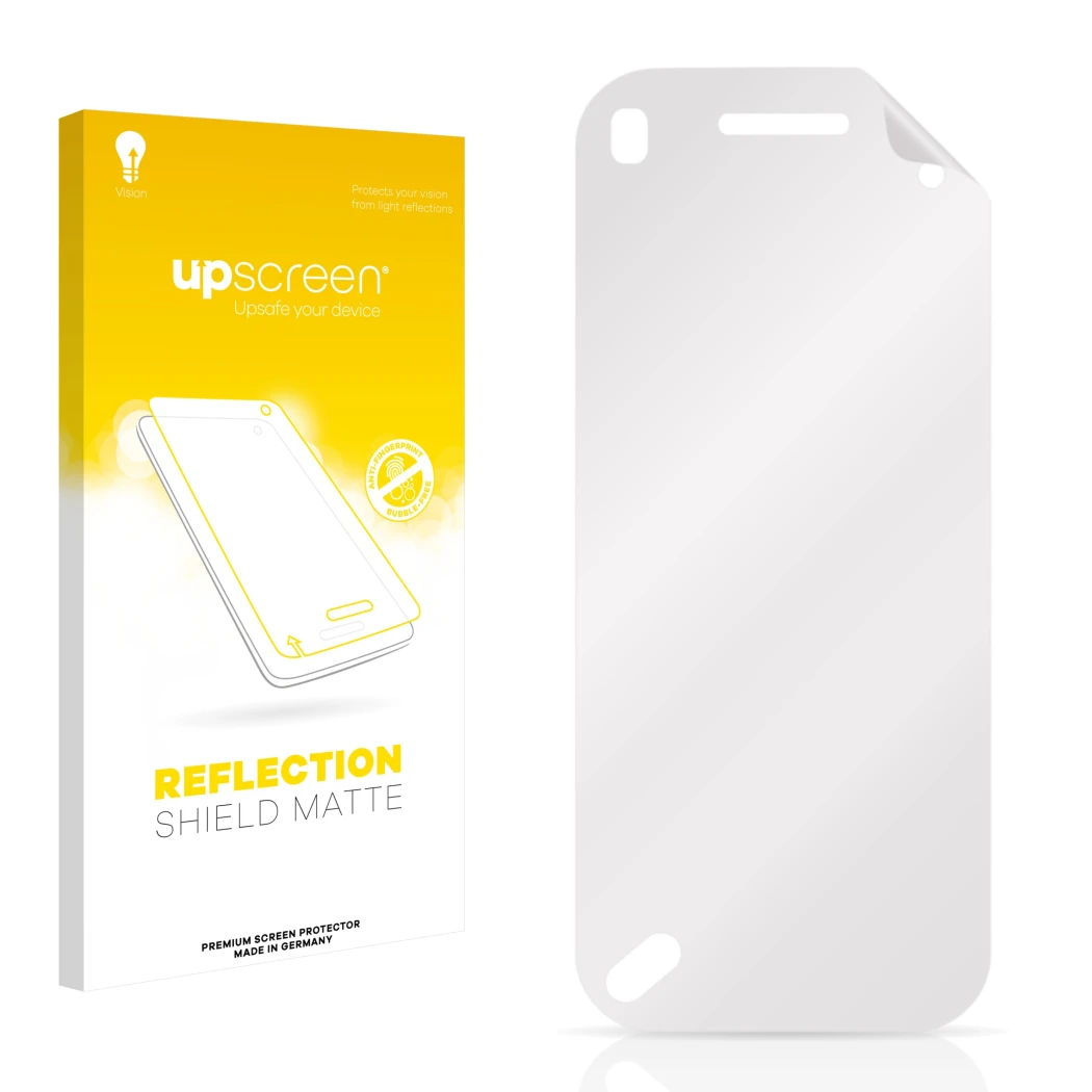 Vorderseite einer Produktverpackung mit dem Markenlogo upscreen. Daneben ist der zugehörige Displayschutz.