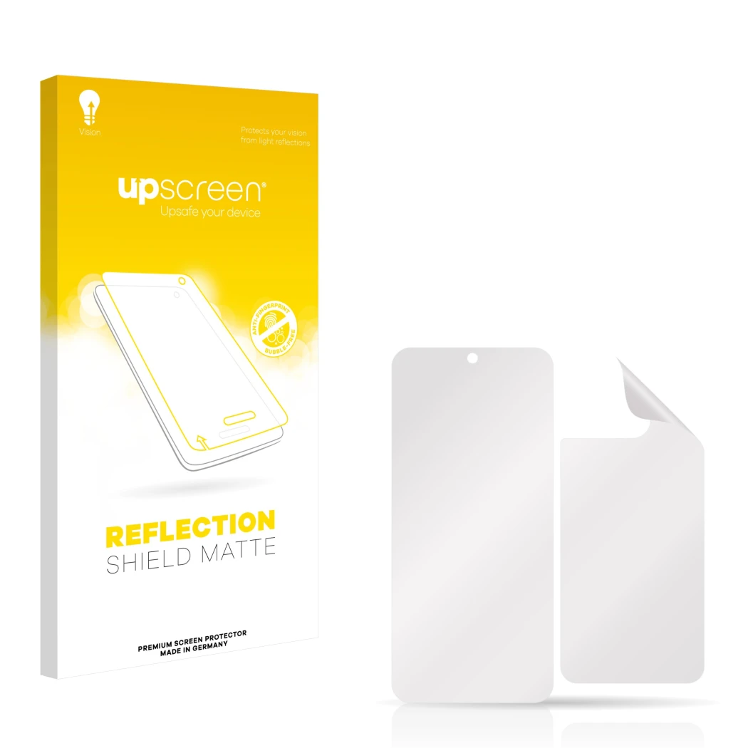 Vorderseite einer Produktverpackung mit dem Markenlogo upscreen. Daneben ist der zugehörige Displayschutz.