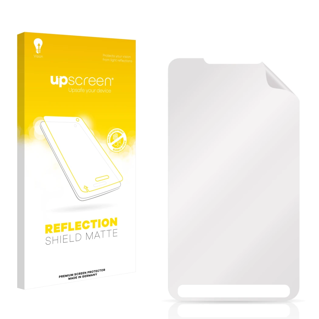 Vorderseite einer Produktverpackung mit dem Markenlogo upscreen. Daneben ist der zugehörige Displayschutz.