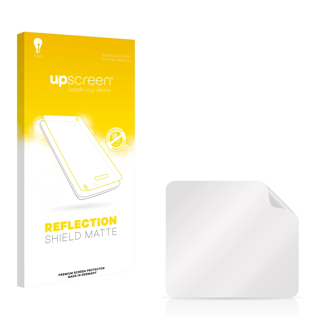 Vorderseite einer Produktverpackung mit dem Markenlogo upscreen. Daneben ist der zugehörige Displayschutz.