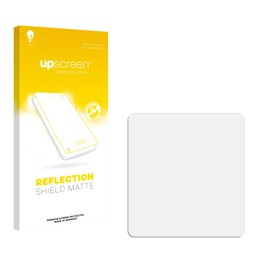 Vorderseite einer Produktverpackung mit dem Markenlogo upscreen. Daneben ist der zugehörige Displayschutz.